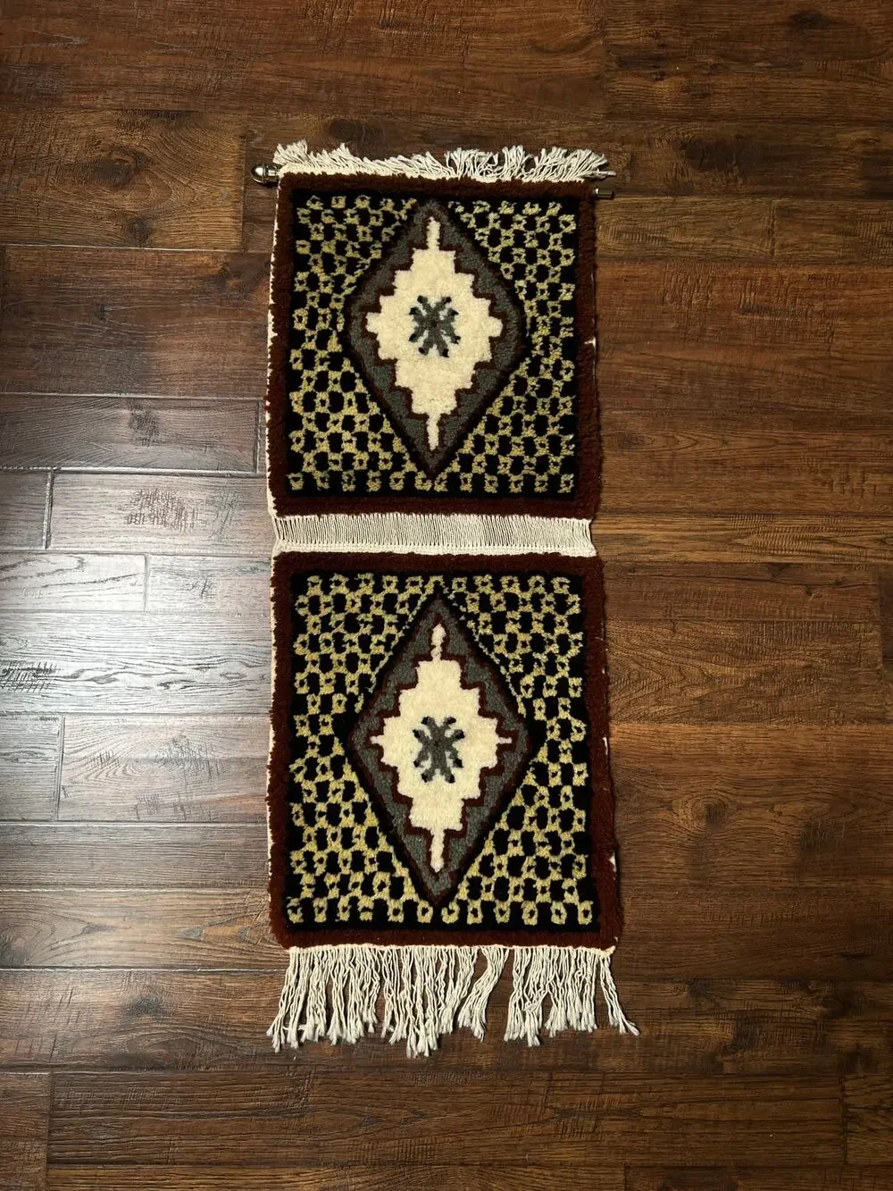 Vintage Wool Wall Hanging Crewel – Geometric Double Panel Tapestry with Fringe